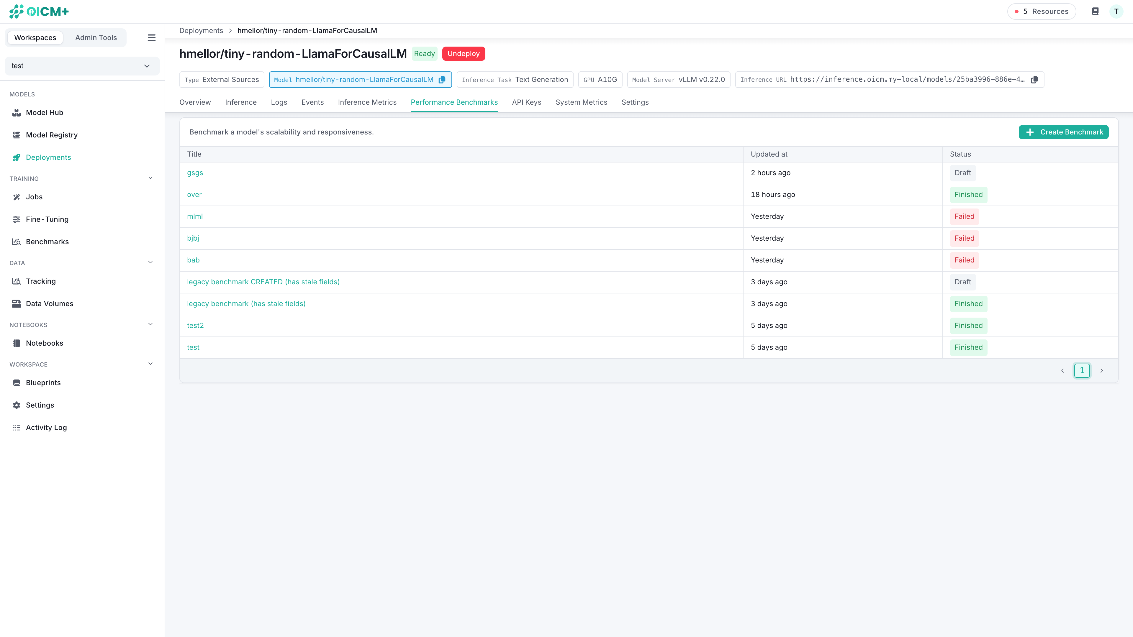 Main view: a list of performance benchmarks